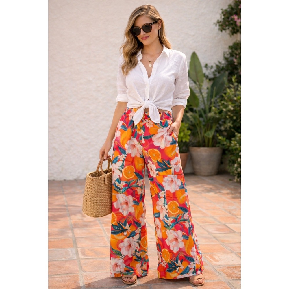 NWT Floral Citrus Culottes Wide Leg Sheer Beach Trousers Pants Tropical Sz 12